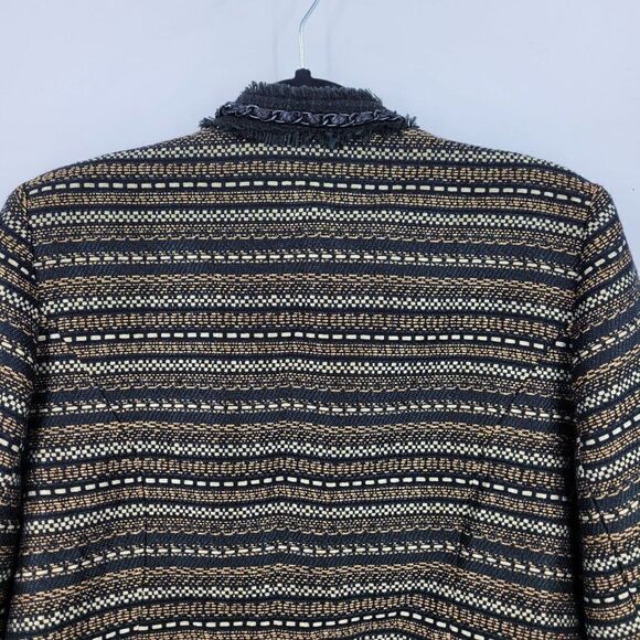 Chico's Boucle Tweed Blazer Size 1 M Black Gold Metallic Striped Chain Trim - Picture 7 of 12